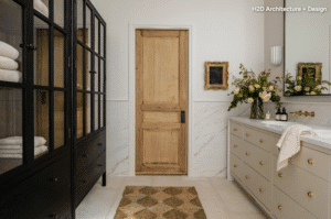 Bright bathroom with a light wood door, marble walls, a beige dresser with gold knobs, a vase of flowers on the counter, and a black glass-front cabinet on the left.