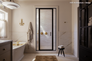 Luxurious bathroom with a black-framed glass shower, gold fixtures, marble walls, and a freestanding tub nearby.