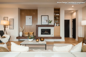 Building for the Future: 8 Remodeling Trends to Watch in 2026 Contemporary living room with a wood-accented fireplace, built-in shelves, and a white sectional sofa.